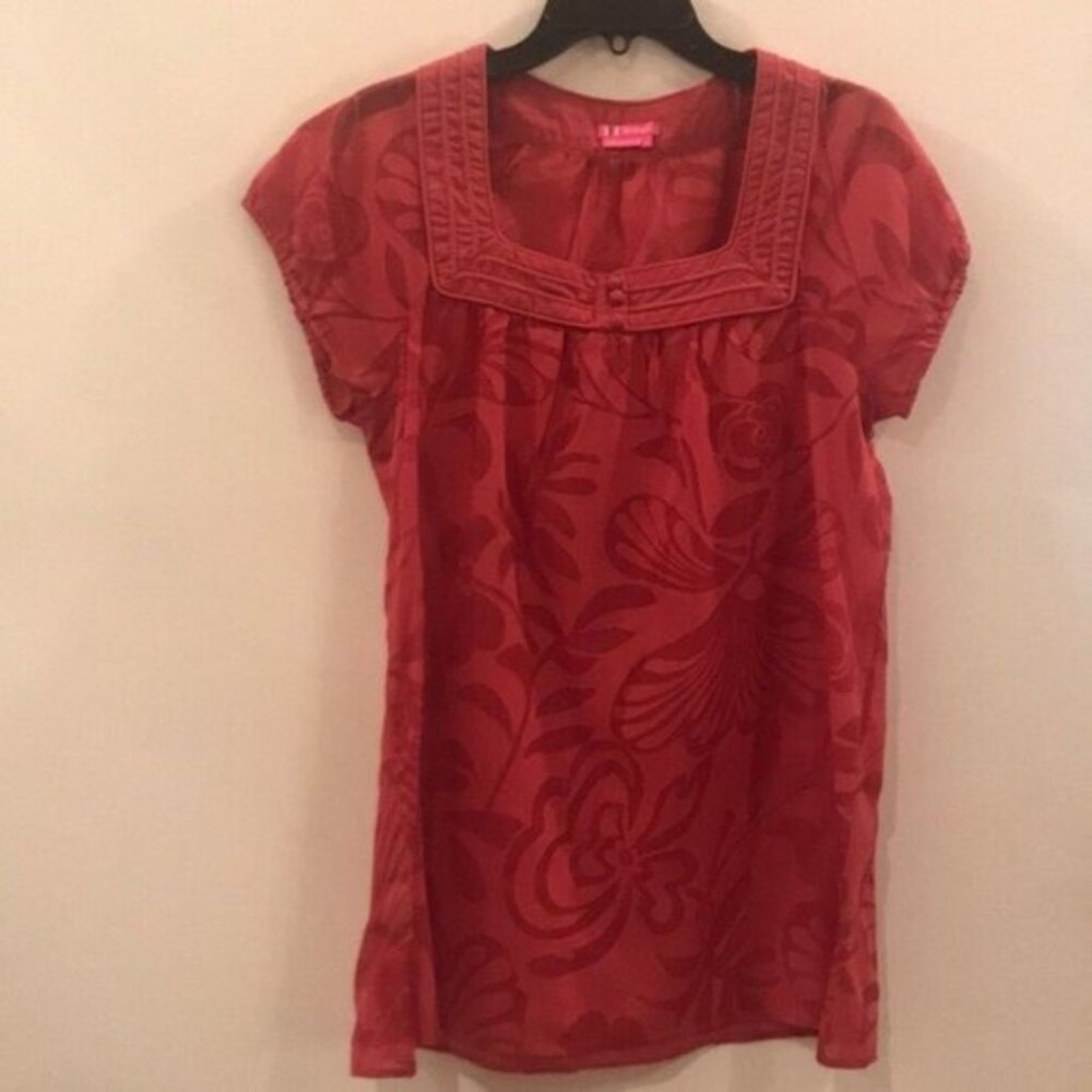 🌸 Vintage BCBGirls Red Floral Short-Sleeve Square Neck Tunic Top